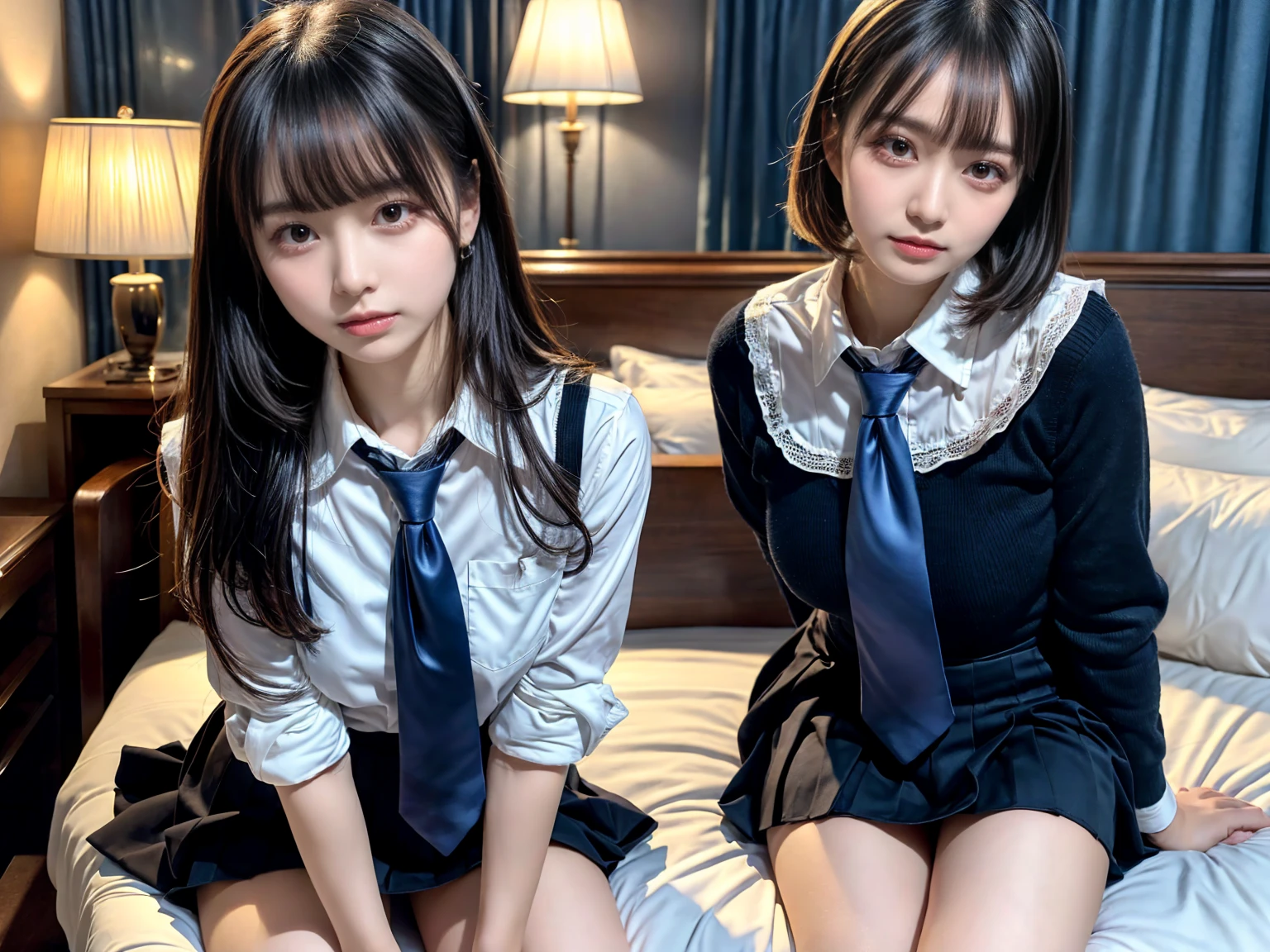 (8K, RAW Photos, Highest quality, masterpiece:1.3), (professional photography, full colors, studio-caliber color grading), (Gravure quality for high-end fashion magazines), close up, BREAK, (3 beatiful girls:1.2), (female high-school student, School Uniforms), (School Uniforms, white Cutter shirt, darkblue pleatedskirt), (short bob hair:1.1), (A dark-haired, The forehead is hidden by bangs:1.1), Black eyes, shinny skin, Beautiful delicate face, Beautiful delicate eyes, (Voluptuous body shape, Thicker thighs:1.2), One piercing in each ear, ((large breasts)), ((avy blue tie) ,looking at camera, BREAK , (The background is a luxury hotel room:1.2)
