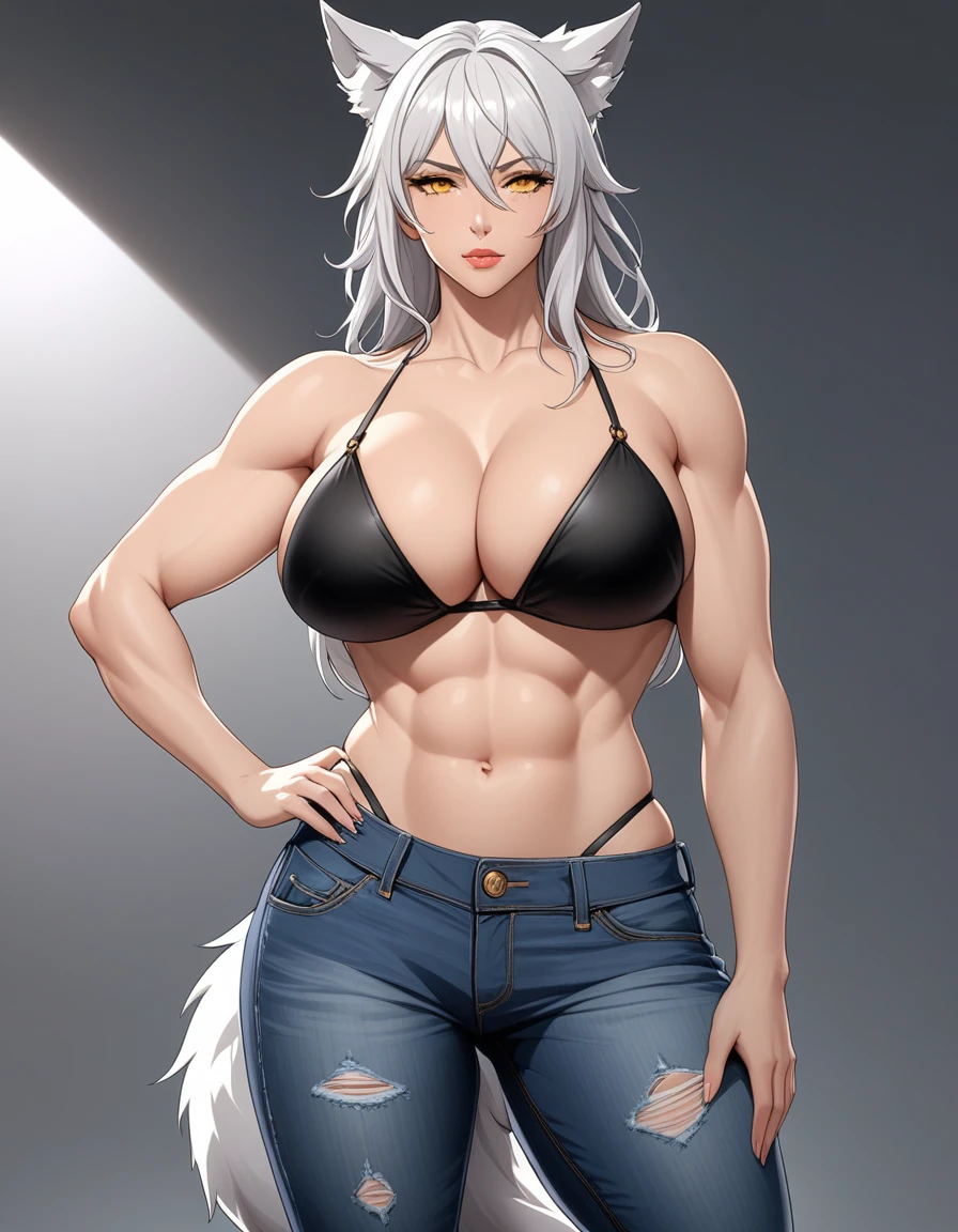 Masterpiece, hi res, absurdres, Best Quality, 4K, detailed, 1girl, female, Mature woman, large points wolf ears on top of head, wolf tail, yellow eyes, stoic face,emotionless,Mature face, tall, black micro bikini, black thong, ragged jeans, long elbow length white hair, prominent lips,toned body,abs, thick woman,thick body, huge breasts, close to viewer,no shirt, topless