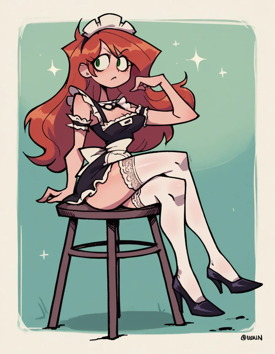zPDXL, score_9, score_8_up, score_7_up, source_anime,
1girl, solo, :D, (crossed legs), maid wearing a short black (maid dress:1.2) with white lace trim, a full white apron, (stockings:1.1), maid embroided cap, Mary Jane heels, Kim Possible, long hair, red hair,
valbun,