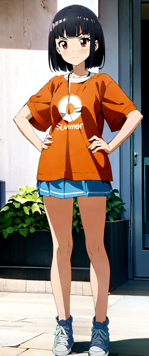 high school girl、whole body、Standing with your legs apart、Red Eyes、Displeased、to point at、Hands on hips、真summer、summer、Sunshine、Spiteful eyes、、Black Hair、blunt bangs、White shirt,1 girl, 2D CG, Advanced digital anime art, anime character
