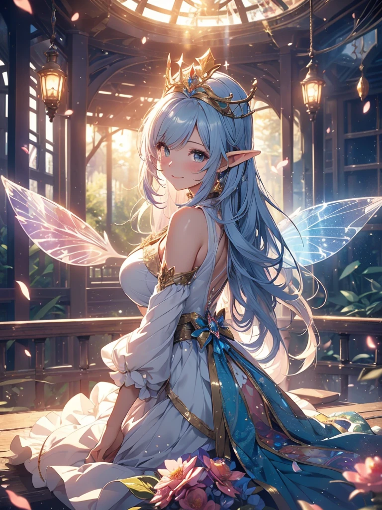 最high quality、1woman elf 、Beautiful foam、、CourtyardShining fairy wings、Flower fractal art　　、see-throughbodystocking,Beautiful side shot, radiance,High-definition depiction, Realistic, 8K, Unity, beautiful Shot, light smile, Beautifully and vividly drawn, , Beautiful, beautiful, clear skin、sexly,beautiful dress,Countless rays of light pouring down, Swirling Light, big background, Raise one arm above your head, Intense light is emitted from the magic circle in front of the girl.   forest、Lots of leaves、green leaves、flower、Particles of light、Bedroom at night、Magic Palace、Fairy tale、Big Breasts、sexy、
Romanticism,Cowboy Shot: The most beautiful form of chaos, Mr..々colour, Intertwined flowers, Particle,magical gentle light,smile,sexly,image quality、masterpiece、Beautiful Face、Super beautiful elf woman((Big breasted 22 year old office lady、Bust 100,Beautiful long ironed hair 、bionde hair,height: 165cm。、sexly、ANDsbian、、high quality、、Visual art、Written boundary depth、、ANDlf ANDars、、universe、Happy smile、gentle light、ANDlf forest、elegant、ticker beautiful decorative、、magic、forest、beautiful tiara、Beautiful bed、Beautiful Landscape、A kind smile、wonderful、Fluttering petals、Dance happily、、Cultivate fantasy、、Mystery light　Lots of flowers、、art、forest, palace, art,mystery,Ultra-high resolution,atmosphere A colorful and dreamy anime-style illustration of a young girl with beautiful hair, sitting amidst a vibrant, mechanical landscape. She is wearing a casual outfit with mechanical leg armor, surrounded by a kaleidoscope of colors and glowing lights. The background is filled with whimsical details and a magical atmosphere. --ar 3:4 --style raw --stylize 600 --niji 6、throne