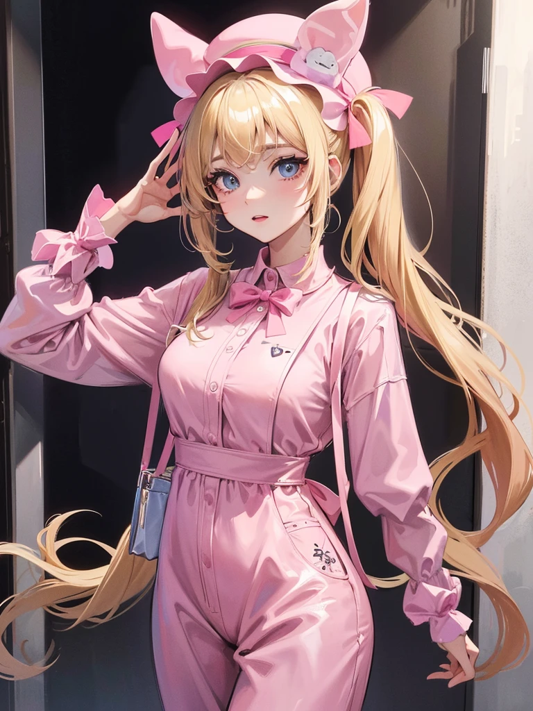an adult woman, blonde with two pigtails with a bow each pink, pink jumpsuit dress, she has blue eyes, a pink hat on her head, It&#39;s in his room on his bed