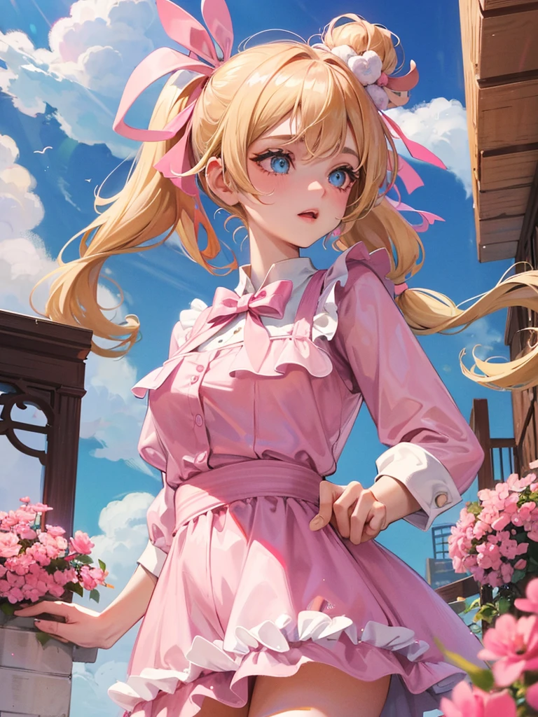 an adult woman, blonde with two pigtails with a bow each pink, pink jumpsuit dress, she has blue eyes, a pink hat on her head, It's in his room on his bed