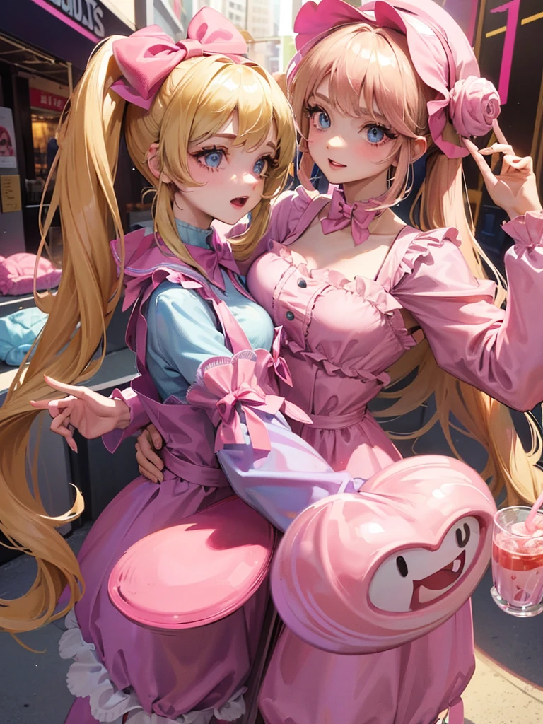 an adult woman, blonde with two pigtails with a bow each pink, pink jumpsuit dress, she has blue eyes, a pink hat on her head, It's in his room on his bed