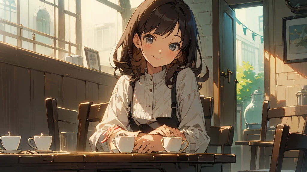 Stylish cafe、Anime Style、Freshly Brewed Coffee、Delicious looking baked goods、Relaxed atmosphere、Cozy atmosphere、Beautiful girl with dark hair sitting and drinking coffee、Wearing summer clothes、smile、Warm Light、avert your eyes、Ghibli style