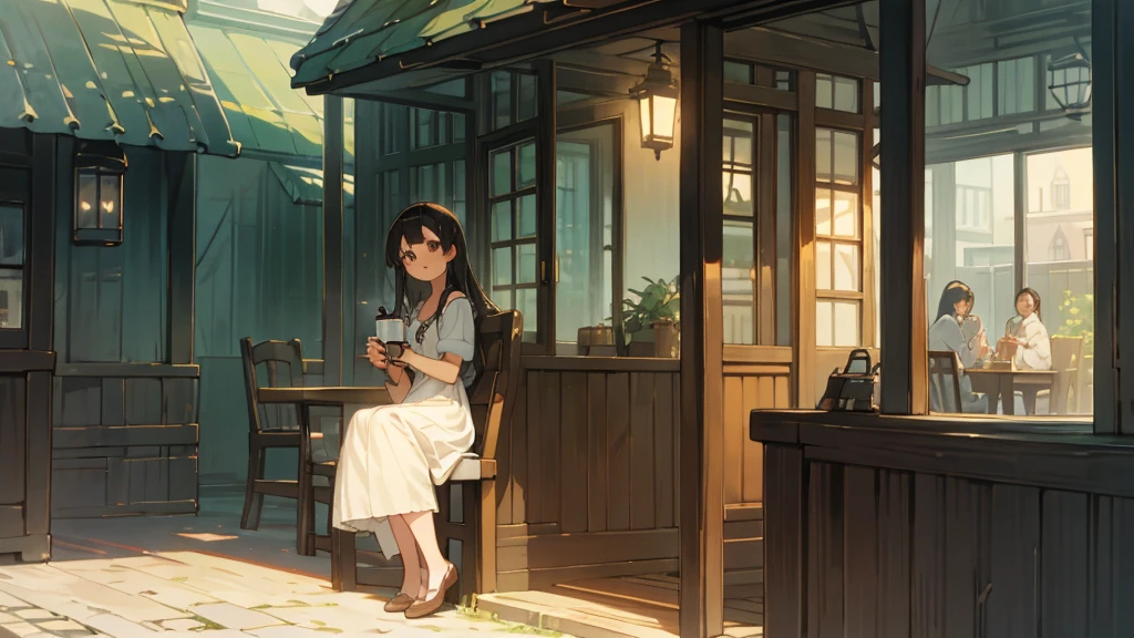 Stylish cafe、Anime Style、Freshly Brewed Coffee、Delicious looking baked goods、Relaxed atmosphere、Cozy atmosphere、Beautiful girl with dark hair sitting and drinking coffee、Wearing summer clothes、smile、Warm Light、avert your eyes、Ghibli style