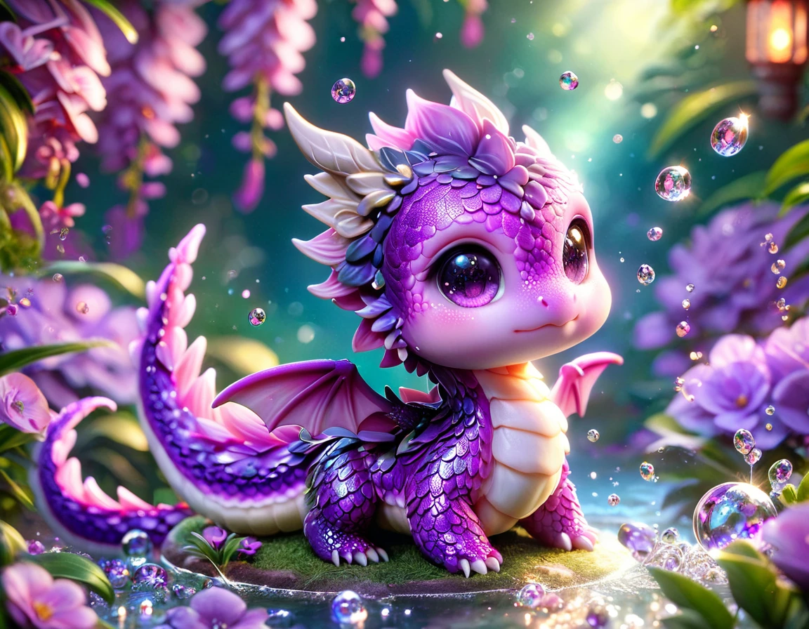 absurdres, highres, ultra detailed, HDR, master piece, best quality, small purple dragon, cute, solo, fantasy, purple flowers, purple petals, sparkling, glittering, magical, glass, water