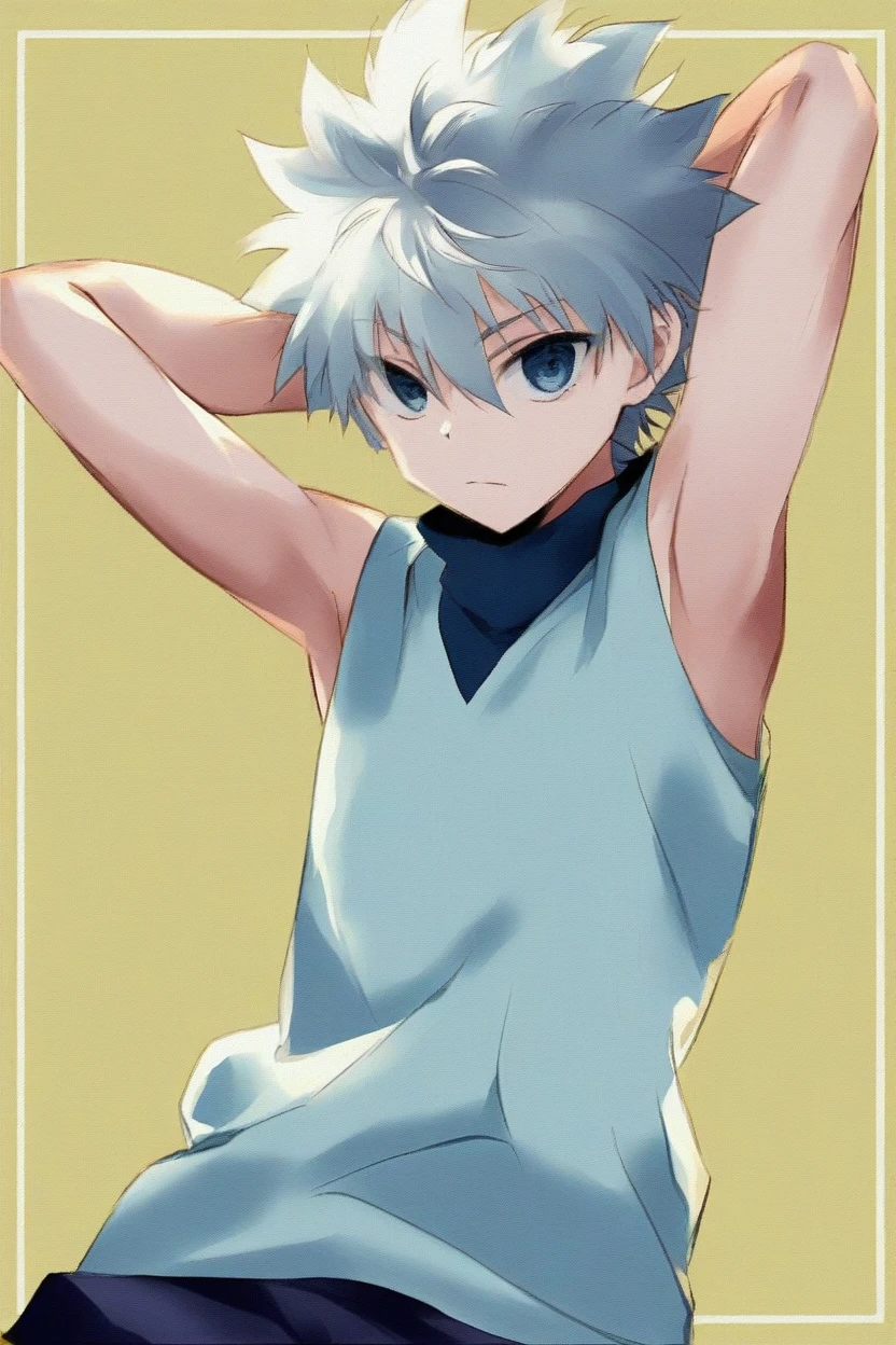 killua_zoldyck, 1boy, solo, short hair, bangs, blue eyes, simple background, , , hair between eyes, closed mouth, upper body, white hair, , male focus, shorts, arms up, ,, , border, spiked hair, arms behind head, yellow background, , green background, male, score_9, rating_safe ,Wearing sleeveeless,Showing armpits