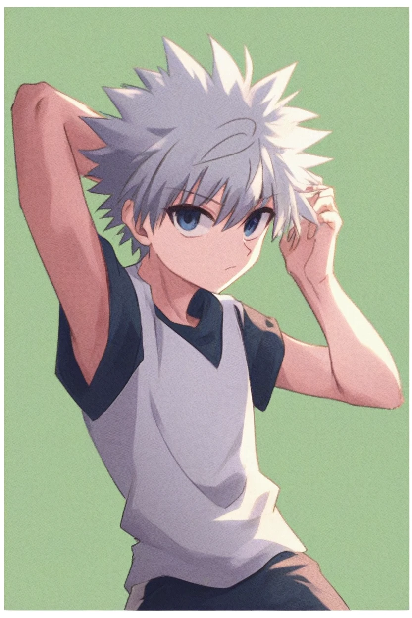 killua_zoldyck, 1boy, solo, short hair, bangs, blue eyes, simple background, , , hair between eyes, closed mouth, upper body, white hair, , male focus, shorts, arms up, ,, , border, spiked hair, arms behind head, yellow background, , green background, male, score_9, rating_safe ,Wearing sleeveeless,Showing armpits