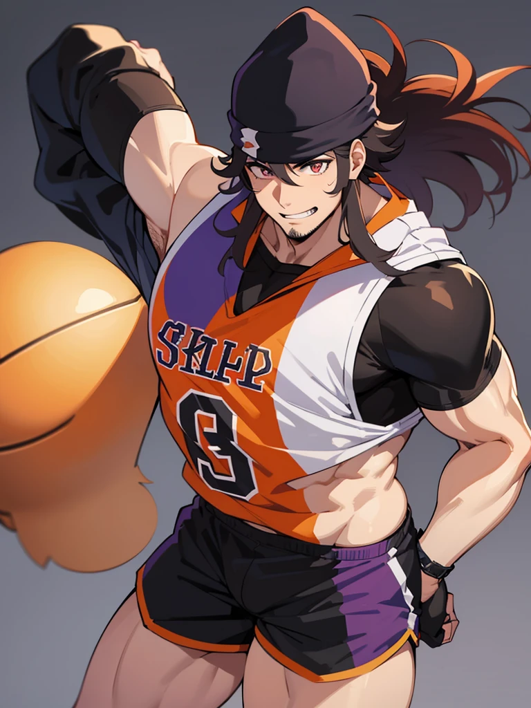 anime characters: 1guy, Bara, 1Muscular guy, solo, sleeveless basketball jersey, black shorts, thick thighs, purple beanie, small pupils, orange eyes, stubble, smile, black skined male, back, bending over, big ass, muscle ass, booty, gray background, best quality