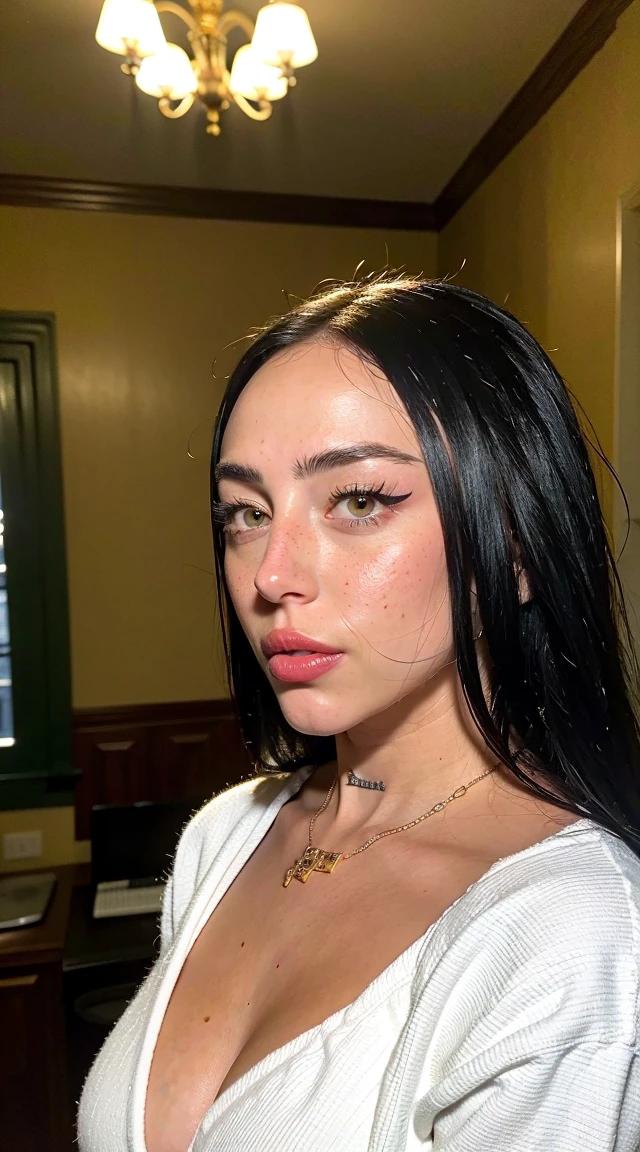 a photograph of (1girl, solo) with ahegao expression, faces usually show abundant sweat- and salivation, the depicted girl has reddened cheeks, (soft saturation:1.2), analog film photography, highly detailed, photorealistic, 8k, realistic skin texture, detailed facial features, beautiful detailed eyes, beautiful detailed lips, extremely detailed eyes and face, long eyelashes, intricate hairstyle, choker necklace, glossy skin, radiant lighting, moody atmosphere, cinematic composition, dreamy color palette, warm lighting, ((seductive pose)), (dynamic angle), (fashion shoot, dark bedroom). (award-winning photograph), (best quality), photography by (Mario Testino:1.3), HDR, RAW photo, depth of field, ((cold light, deep contrast, volumetric lighting, dramatic shadows)), sharp focus on subject,