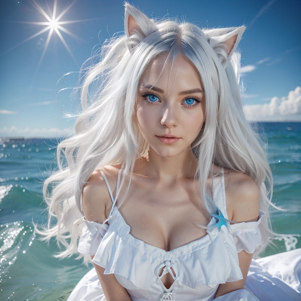 A cat girl with long white hair and ocean blue eyes with star shaped highlight wearing a white dress