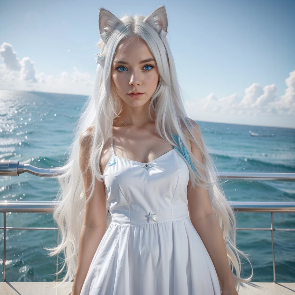 A cat girl with long white hair and ocean blue eyes with star shaped highlight wearing a white dress