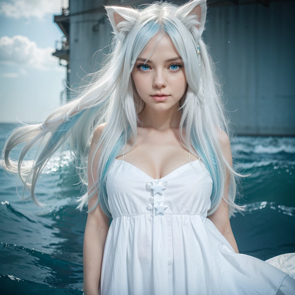 A cat girl with long white hair and ocean blue eyes with star shaped highlight wearing a white dress