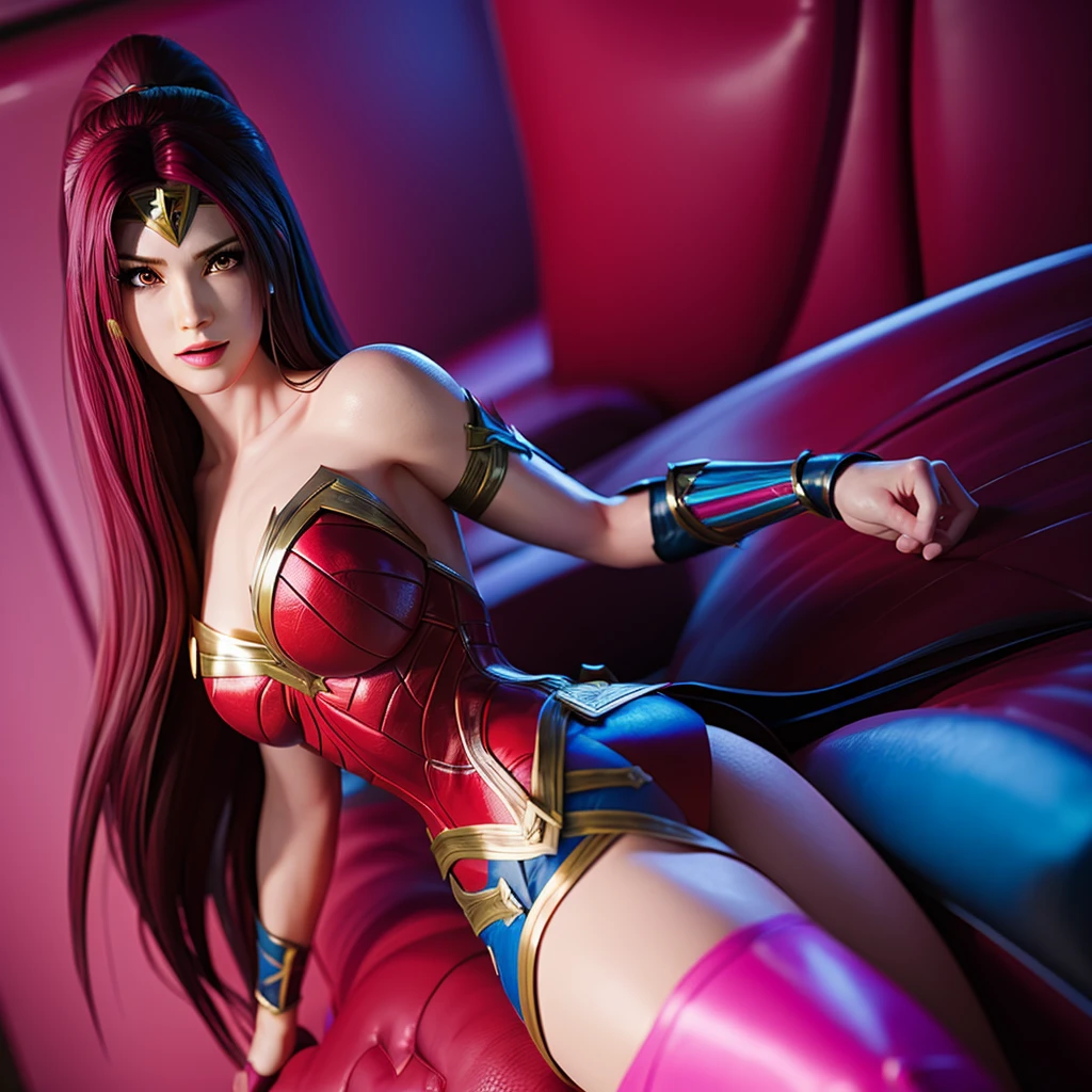 Create the character poison abi from dc comics, transforming wonder woman into a copy of herself con pelo rosa y muchos toques rosa fluor y babas
