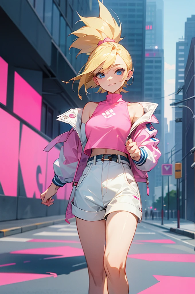 1female, blonde hair, blue eyes, short spikey hair, pink crop top, white undershirt, jacket, modern clothing, city background, walking on path, happy expression
