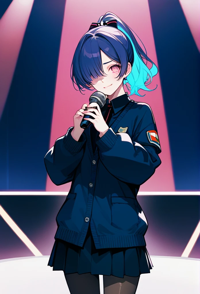 mature woman, mature face, pink eyes, shy expression, shy face, nervous smile, glossy lips, ponytail hair, (blue hair color, pink gradient hair color, azure color hair), bangs covering left eye, left blinding bangs hairstyle, mature body, small breasts, dark blue cardigan, short skirt, navy color skirt, pantyhose, idol, stage, holding microphone, (idol pose)