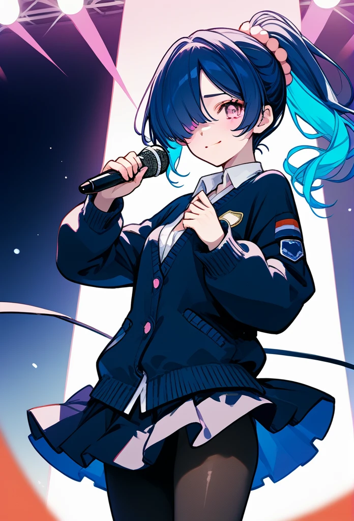 mature woman, mature face, pink eyes, shy expression, shy face, nervous smile, glossy lips, ponytail hair, (blue hair color, pink gradient hair color, azure color hair), bangs covering left eye, left blinding bangs hairstyle, mature body, small breasts, dark blue cardigan, short skirt, navy color skirt, pantyhose, idol, stage, holding microphone, (idol pose)