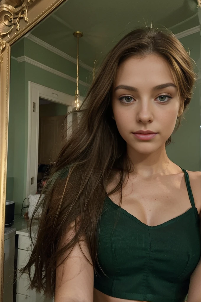 Brunette long hair, cheveux longs noirs, emerald green eyes, grands yeux verts, pretty nose, sexy lips, forme de visage parfaite, mannequin de 25 ans,Drop Shoulder Mesh Crop Top Without Camisole
 , selfie perspective parfait appareil photo téléphone