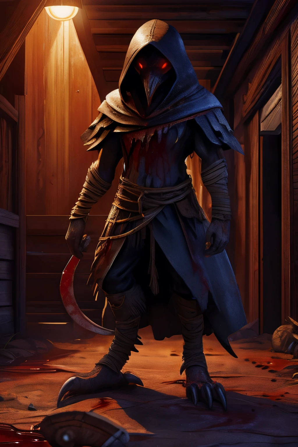 1man, kenku:1.2, talons, black feather, red eyes, black hood, hide armor, sickle, realistic:1.3, in the dark forest, night, rural, half body, cowboy shot, alloldrpgarts1 RpgRiftingInThe90s, extremely high quality RAW photograph, detailed background, intricate, Exquisite details and textures, highly detailed, ultra detailed photograph, warm lighting, 4k, sharp focus, high resolution, detailed skin, detailed eyes, 8k uhd, dslr, high quality, film grain, Fujifilm XT3, great detail, tribal, feral, (savage looking), standing tall, concept art, sickle arm, bandage, extreme detail, dark tone, evil, horror, glowing eyes, (((blood, blood soaked, blood on clothes, blood on blade))),
