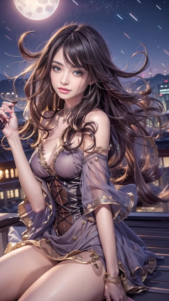 (32k:1.5, Highest quality, masterpiece, Ultra-high resolution), Professional camera work:1.6, Very detailedな肌と顔の質感:1.3, Captivating portrait:1.2, Very accurate, Very detailed, 1 adult female, ((Amazing night view from the rooftop:1.4, The moonlight at night illuminates my body)), (Satin Nightgown:0.7), Incredibly slim body, Sensual sitting position, sense of loss, Sadness, Expressions of sadness, (Big eyes that exude beautiful eroticism:0.4, A dreamy look:1.0, I love you with all my heart:0.8, Open your mouth a little, lipstick, Feel the beautiful eroticism:0.9), (Wet dark brown medium length hair), Candles, The chest is medium, Earrings, necklace, bracelet, (romantic, mysterious), Fair skin, elegant, Object of admiration, original, dramatic, Artistic, Innovative, Charm, Heartful, Fancy, sense of openness, sense of cleanliness, Special, exciting, Extreme, Tilt, ((Adult charm, Feminine charm, Hair blowing in the wind)