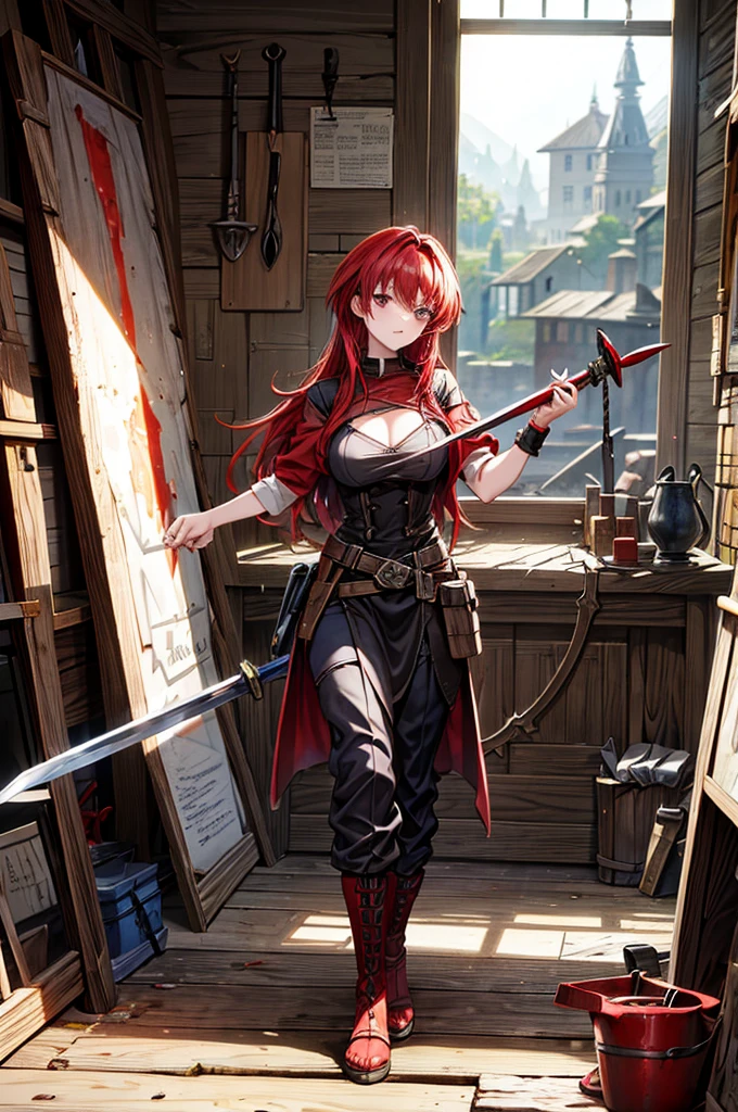 A red haired female blacksmith who lives in a magical world, hammering steel on an anvil forging a sword in her workshop