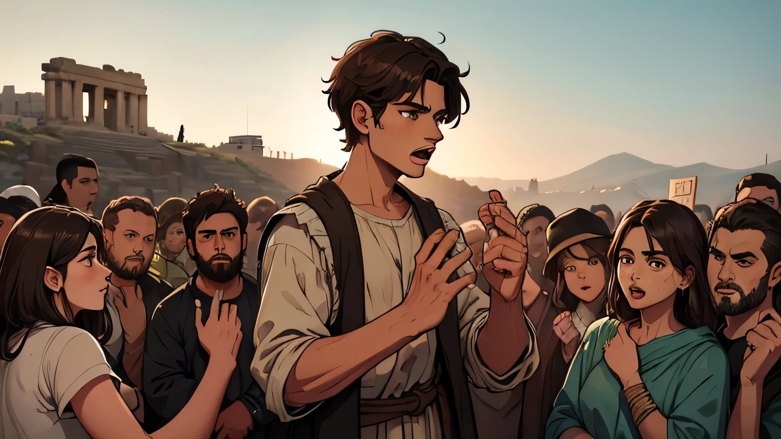 Prophet Joel, young man with short dark brown hair, and ancient poor man's clothing from the 1st century BC, dark brown, light brown eyes, 25 years old, shouting at the people on the hill of Israel from the 4th BC, detailed eyes