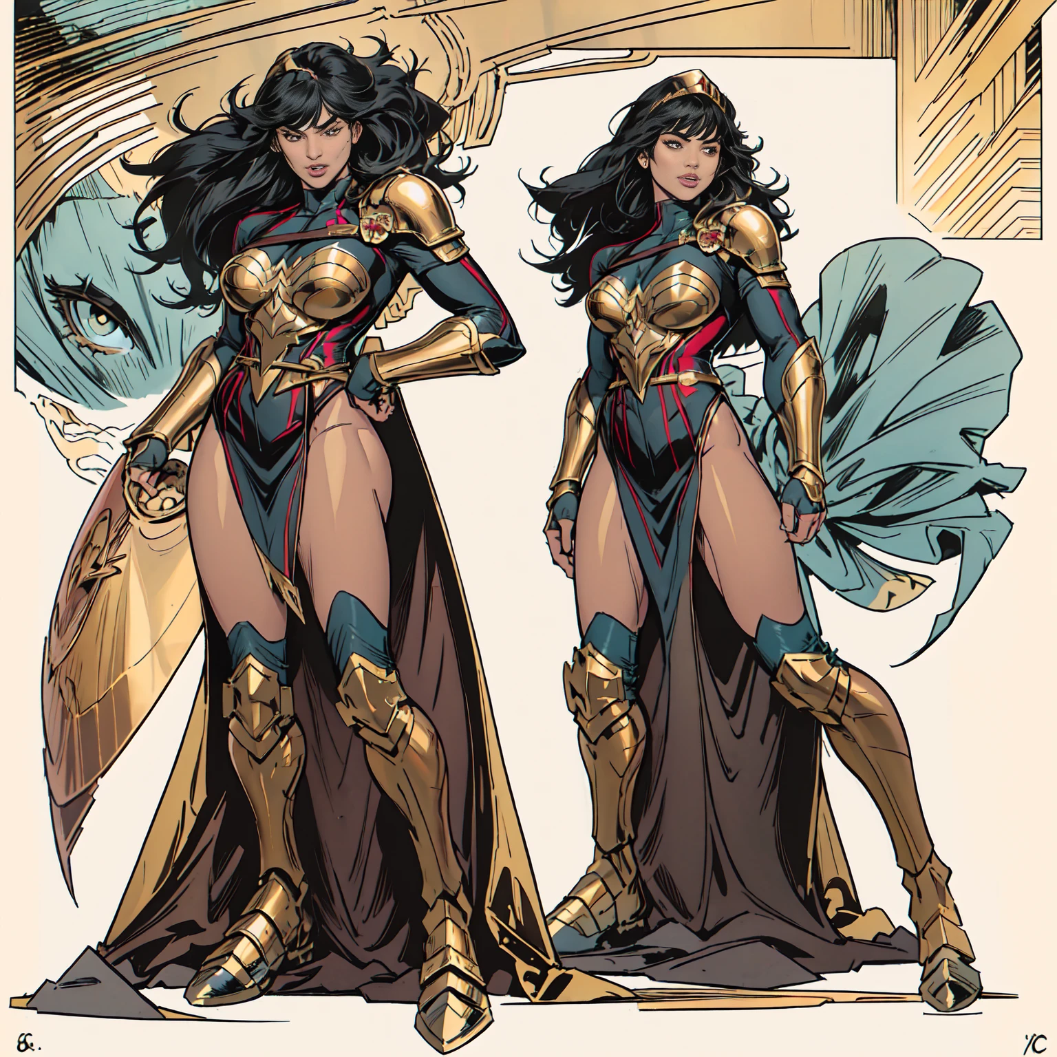 ((Full body photo,standing, feet on the ground)) 2girl, Gal gadot, (perfect anatomy), hair with bangs
, dark clothes (perfect face and eyes) (undeformed eyes), armor covers the whole body, full armor great details, art, full body, with gold cowboy lace at the waist, artwork, full body, with golden boots.
