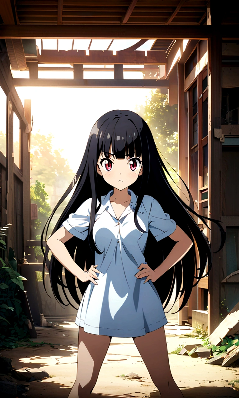 high school girl、Semi-long hair、whole body、Standing with your legs apart、Red Eyes、Displeased、to point at、Hands on hips、真summer、summer、Sunshine、Spiteful eyes、、Black Hair、blunt bangs、White shirt,1 girl, 2D CG, Advanced digital anime art, anime character