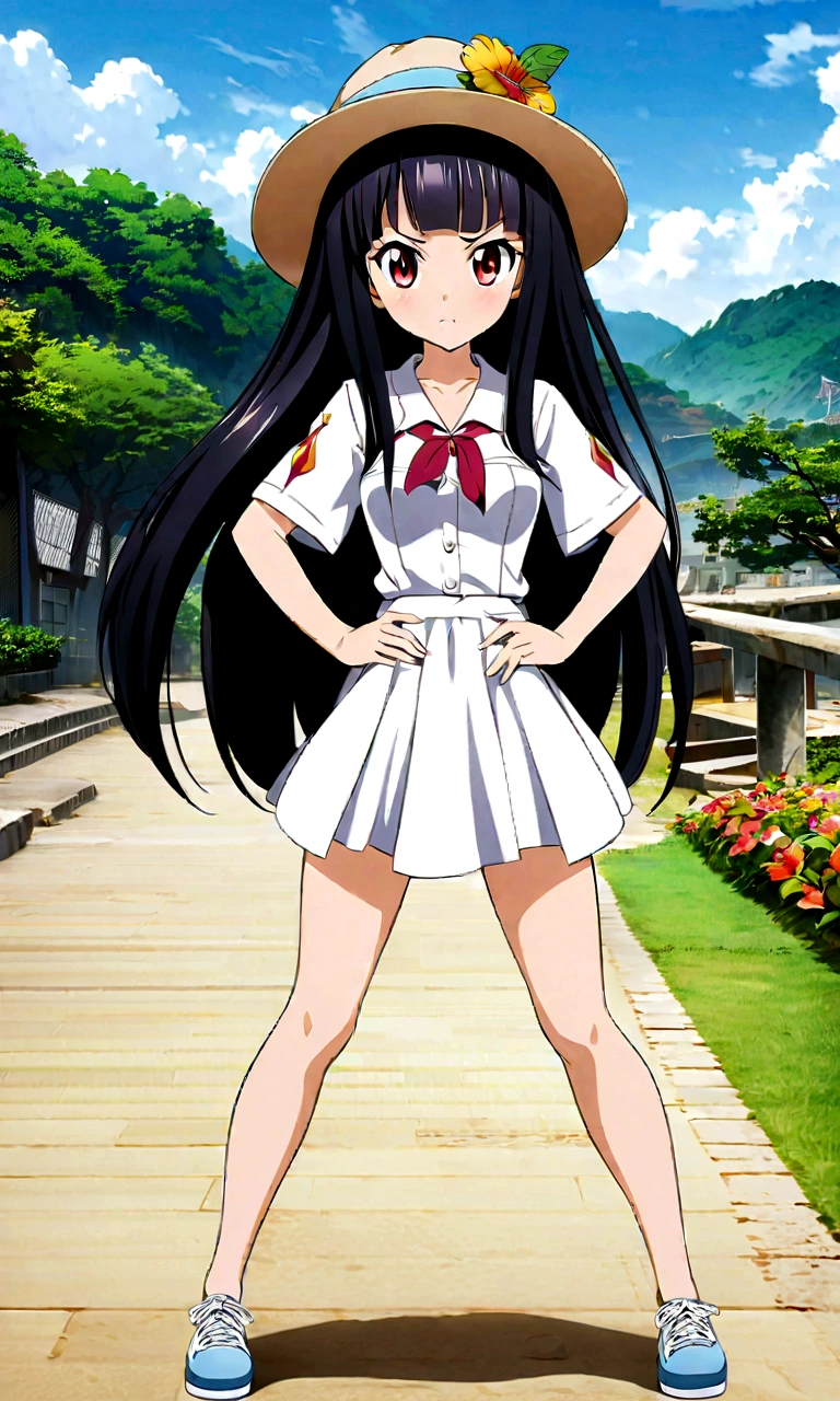 high school girl、Semi-long hair、whole body、Standing with your legs apart、Red Eyes、Displeased、to point at、Hands on hips、真summer、summer、Sunshine、Spiteful eyes、、Black Hair、blunt bangs、White shirt,1 girl, 2D CG, Advanced digital anime art, anime character