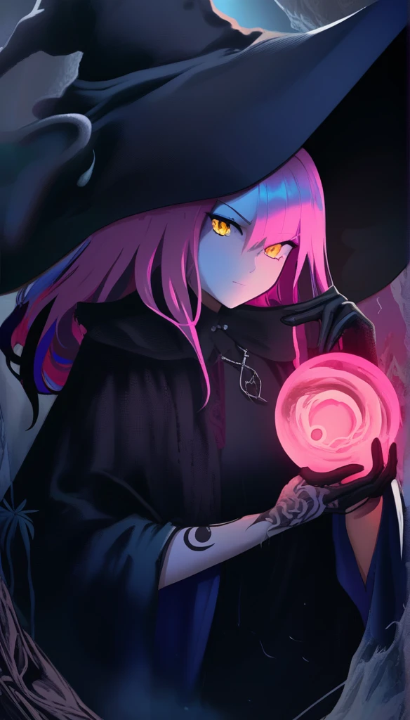 1 woman, witch, Pink and blue hair messy hair, manical yellow eyes, smirk, witch hat, shredded clothes, black linen, lace, satanic tattoo, staff, gloves, swamp, night, horror, dark, will-o'-the-wisp, ignes fatui, orbs,  
