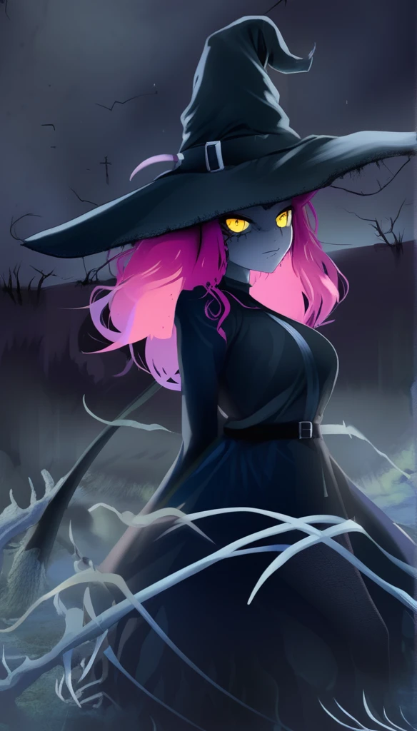 1 woman, witch, Pink and blue hair messy hair, manical yellow eyes, smirk, witch hat, shredded clothes, black linen, lace, satanic tattoo, staff, gloves, swamp, night, horror, dark, will-o'-the-wisp, ignes fatui, orbs,  
