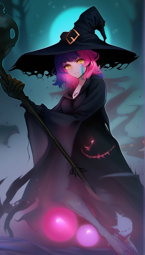 1 woman, witch, Pink and blue hair messy hair, manical yellow eyes, smirk, witch hat, shredded clothes, black linen, lace, satanic tattoo, staff, gloves, swamp, night, horror, dark, will-o'-the-wisp, ignes fatui, orbs,  