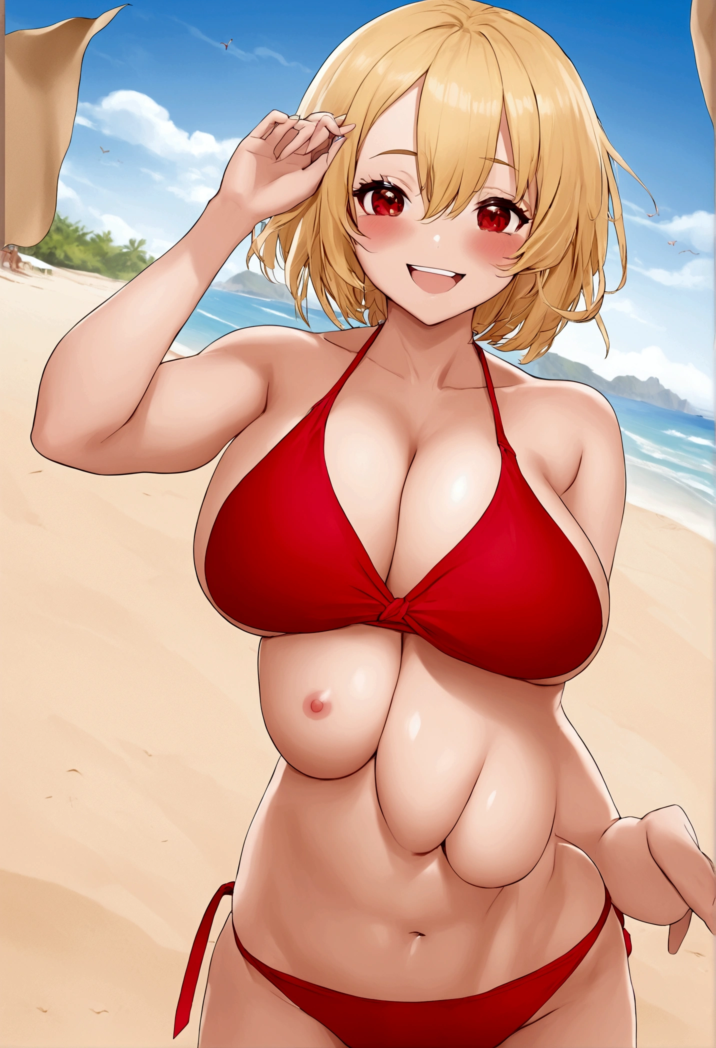 masterpiece、Highest quality、Best image quality、High resolution、Huge breasts、nsfw、Completely naked、Blonde、Shortcuts、Bob Hair、Red eyes、Underboob、Red swimsuit、One Woman、Sandy Beach、Nobody is here、Waving、smile
