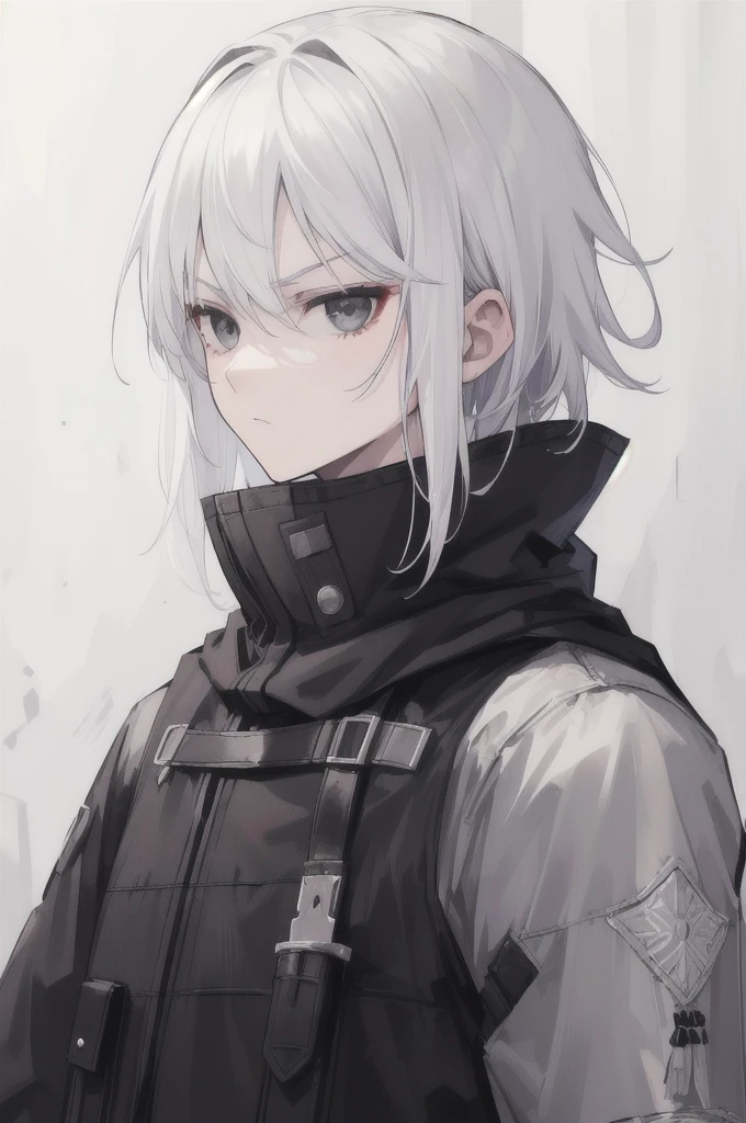 boy, white hair, black eyes, black hunter clothing, serious face