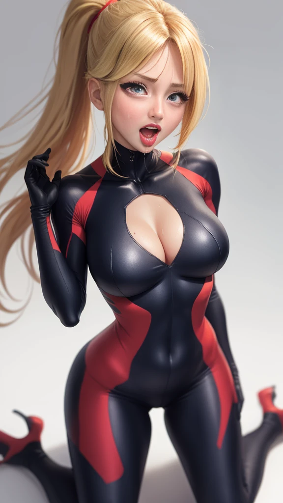 Zero suit samus, blue eyes, stunning proportions, skin-fit body suit, white background, long hair, ponytail, extremely detailed, shiny, full body shot, cleavage, kneeling, pink lipstick, sleeveless, in love with the viewer, ((tongue out, open mouth, saliva, drool)), pov, thighhighs, from above, looking up, sweating, wet, blush, gold accents 