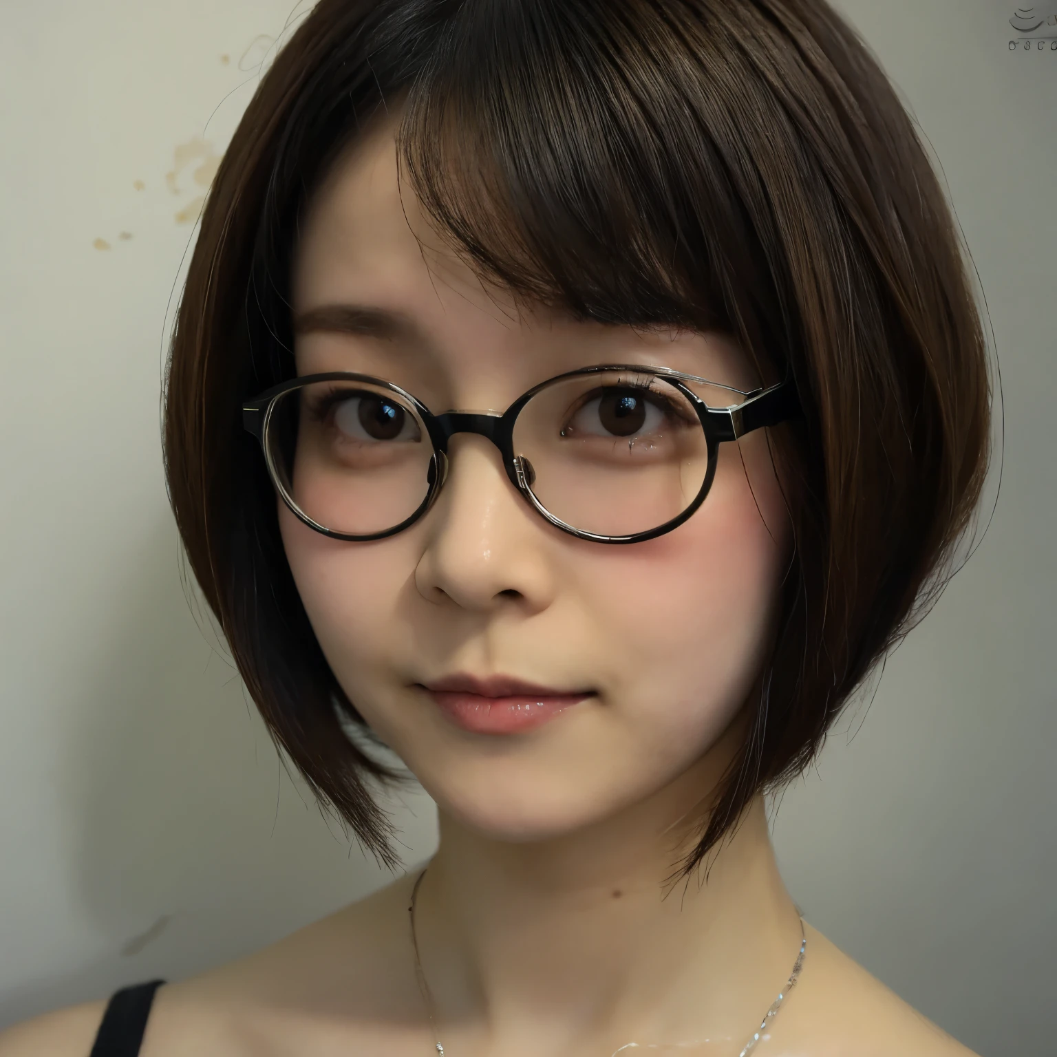"Japanese girl, short haircut, 20 years old, one girl, cute, wearing glasses"
