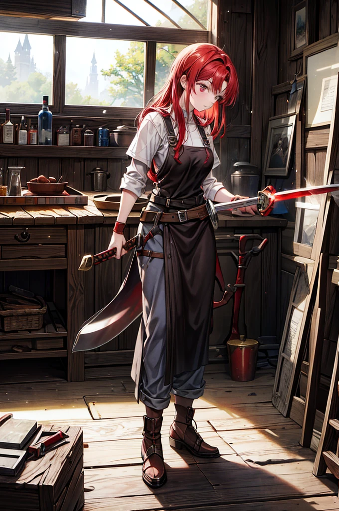 A red haired female blacksmith who lives in a magical world, hammering steel on an anvil forging a sword in her workshop