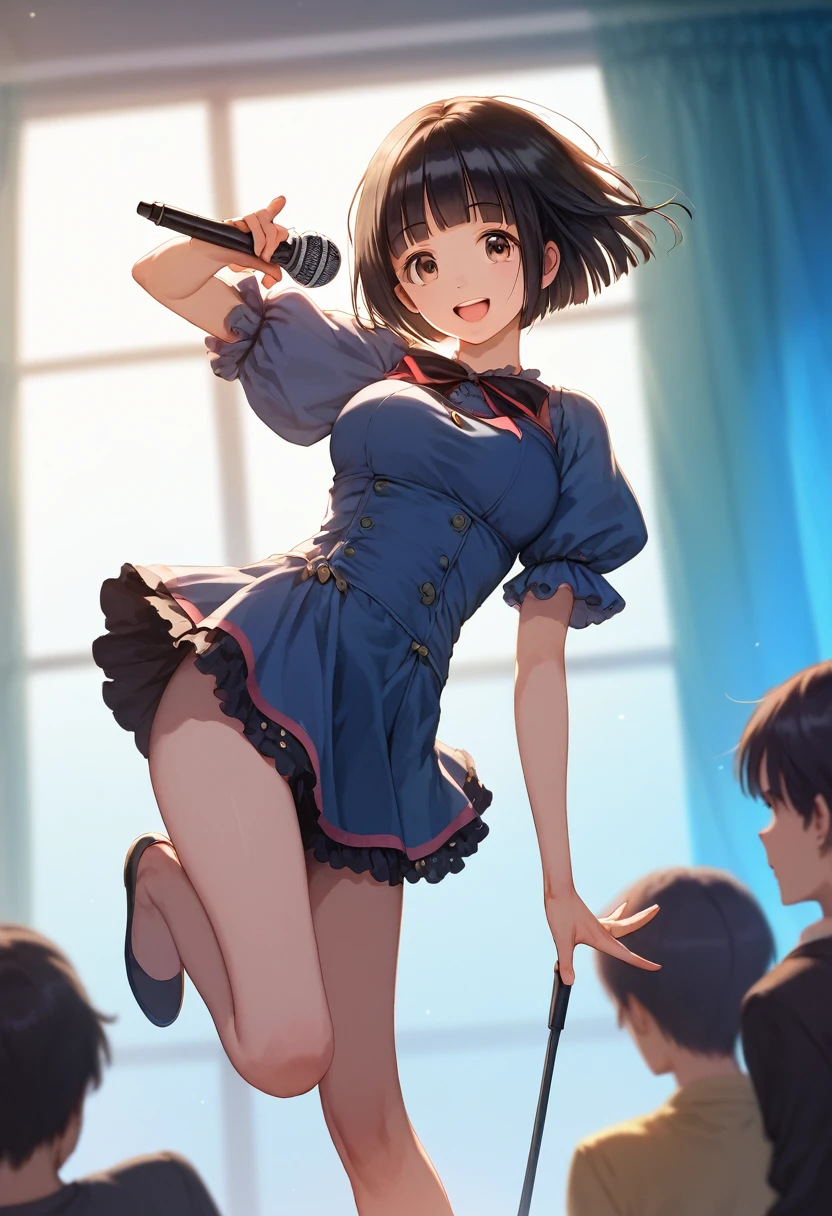 score_9,score_8_up,score_7_up,masterpiece,best quality, source anime, realistic, super detailed, extreme detailed, rating_safe,
1girl, solo, 22yo, short hair, bob cut, (blunt bangs), black hair, (tareme, detailed cute brown eyes), curled eyelashes, (large breasts:0.9),
shiny hair, beautiful detailed eyes, beautiful face,
slender, small ass, slim legs,
sexy idol costume, tight mini skirt, singing, smile, arm up, one leg lift, Hand Microphone, cowboy shot, (from front),
idol stage, cool lighting, lighting like a movie, audience,