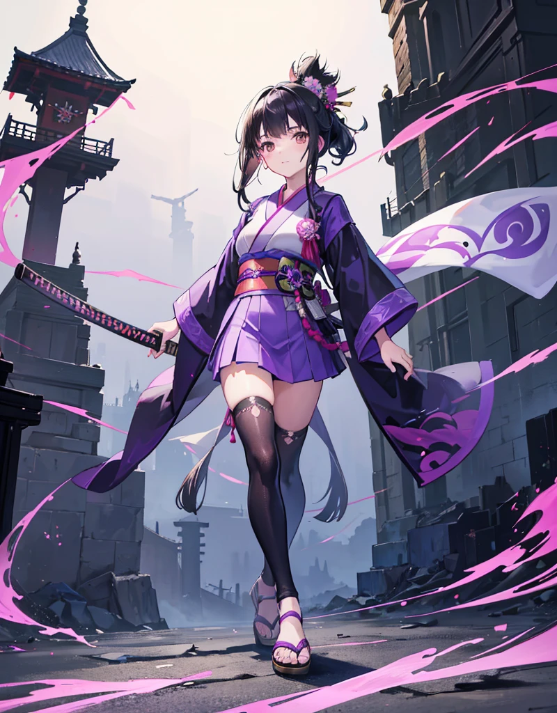 Young girl with black hair, brown eyes and olive skin, innocent and happy, wearing neon purple samurai kimono and sandals, weilding katana, fullbody, medieval castle background, athletic