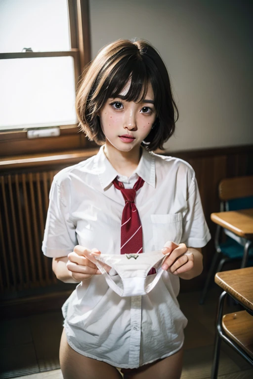 (absurdres:1.3),8K,(detailed photograph:1.5),(detailed face and skin:1.3),(ultra high res:1.5),(photorealistic:1.5),symmetric clear eyes,well-groomed face,(ray tracing:1.3) ,1girl, Japanese,high school girl, BREAK (wearing Japanese high ,white shirt,red school ribbon tie,:1.3),((bottomless,no ,hairy pussyel toe)presenting panties),masterpiec quality, highly detailed,classroom, BREAK (Black short bowl cut hair side bangs),focus panty,cinematic lighting,(ing:1.3),(Stain on panties:1.4),