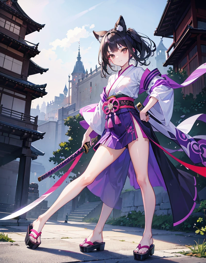 Young girl with black hair, brown eyes and olive skin, innocent and happy, wearing neon purple samurai kimono and sandals, weilding katana, fullbody, medieval castle background, athletic