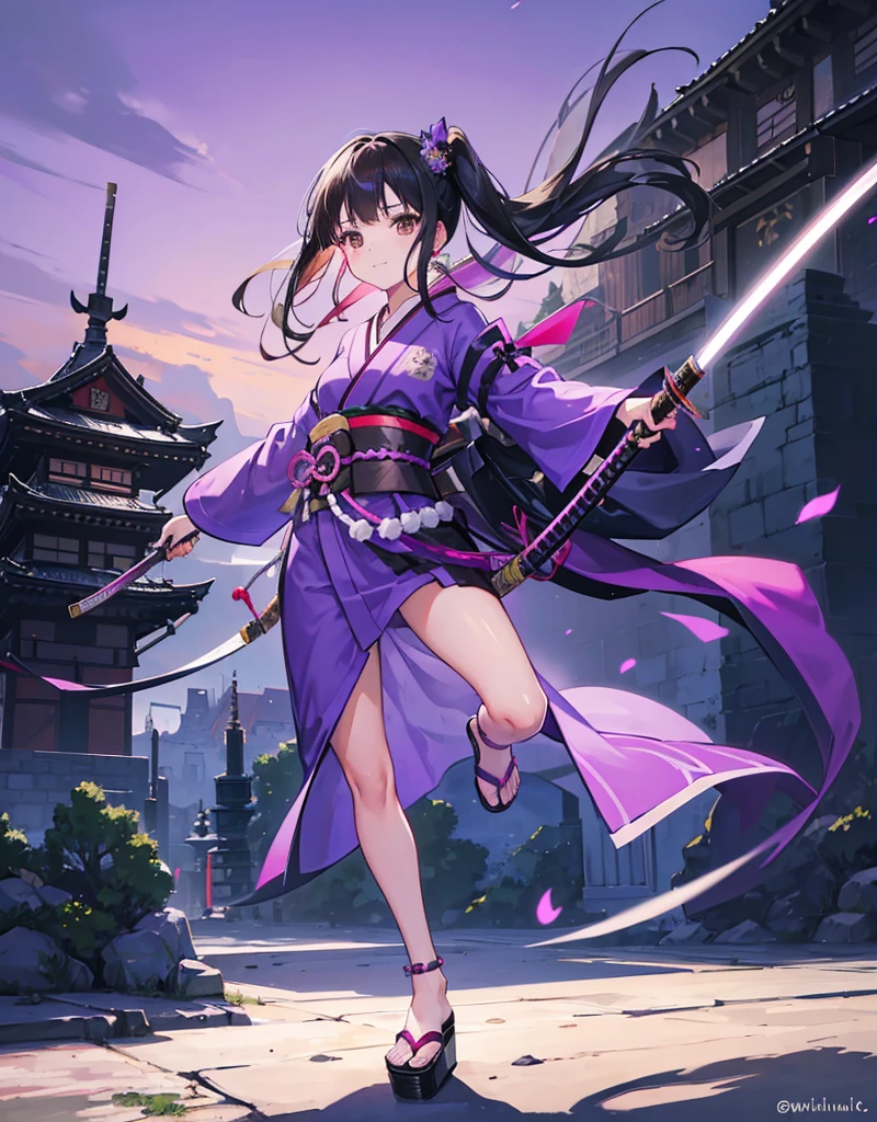 Young girl with black hair, brown eyes and olive skin, innocent and happy, wearing neon purple samurai kimono and sandals, weilding katana, fullbody, medieval castle background, athletic