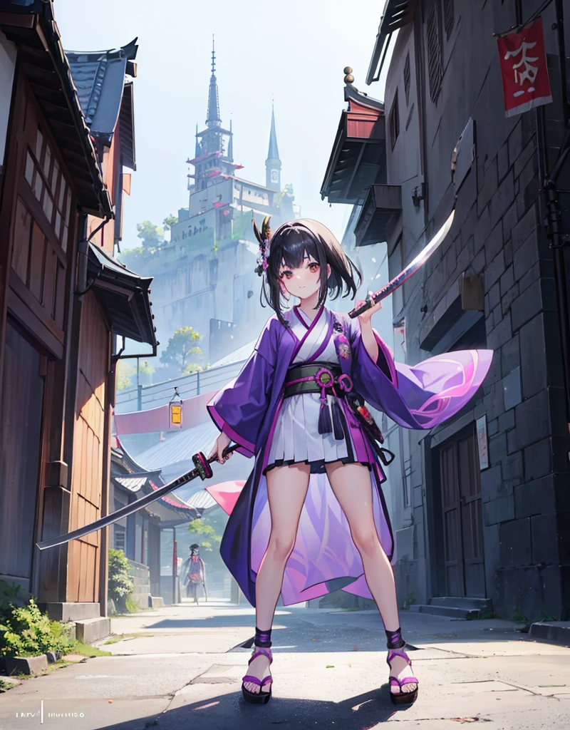 Young girl with black hair, brown eyes and olive skin, innocent and happy, wearing neon purple samurai kimono and sandals, weilding katana, fullbody, medieval castle background, athletic
