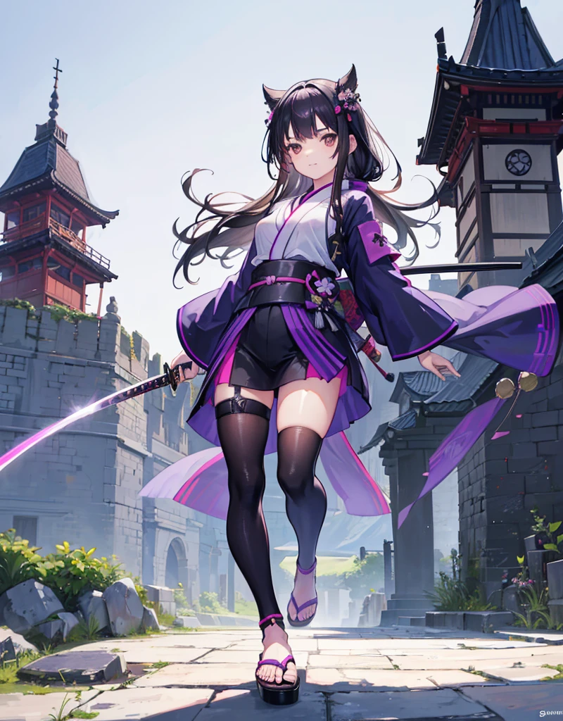 Young girl with black hair, brown eyes and olive skin, innocent and happy, wearing neon purple samurai kimono and sandals, weilding katana, fullbody, medieval castle background, athletic
