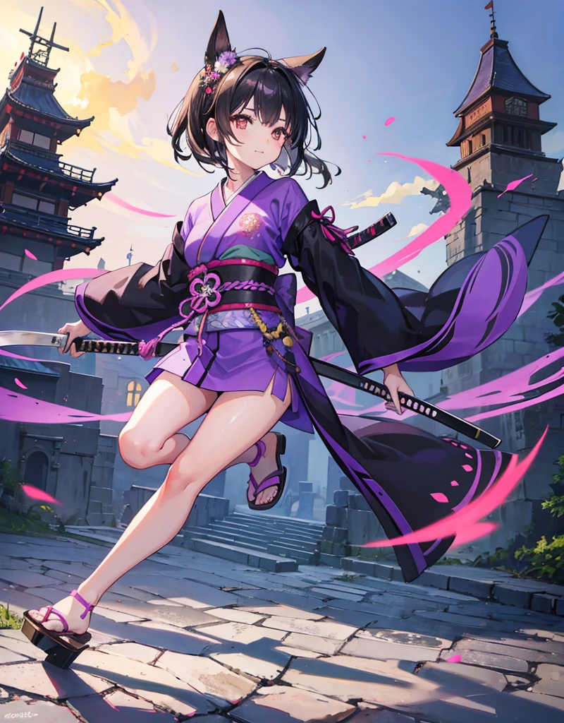Young girl with black hair, brown eyes and olive skin, innocent and happy, wearing neon purple samurai kimono and sandals, weilding katana, fullbody, medieval castle background, athletic