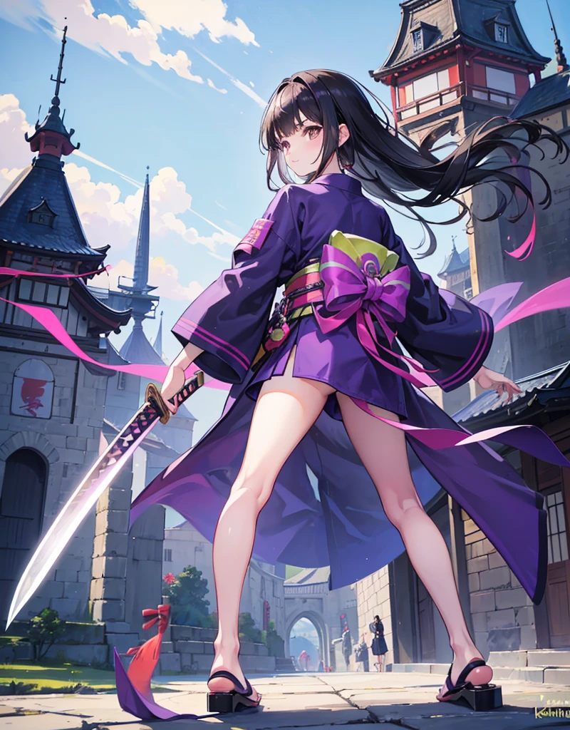Young girl with black hair, brown eyes and olive skin, innocent and happy, wearing neon purple samurai kimono and sandals, weilding katana, fullbody, medieval castle background, athletic
