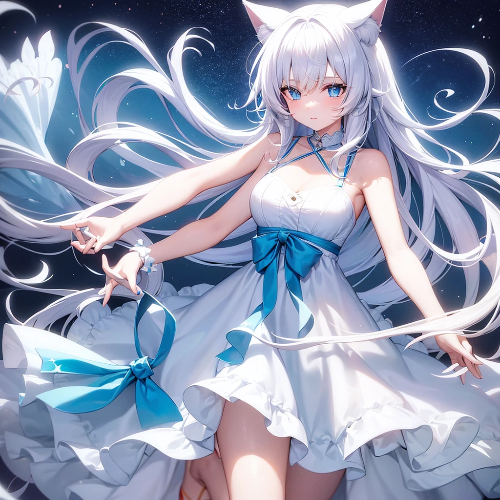A cat girl with long white hair and ocean blue eyes with star shaped highlight wearing a white dress