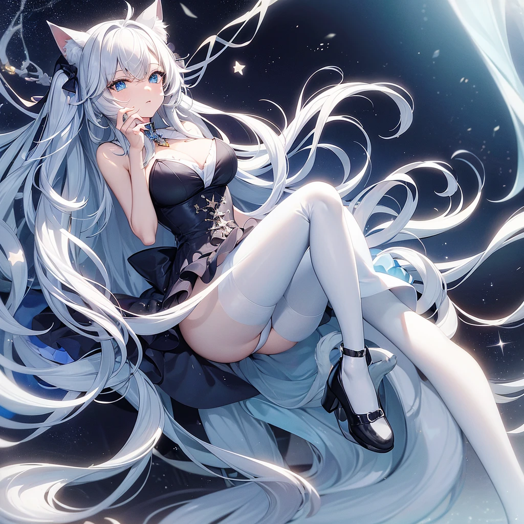 A cat girl with long white hair and ocean blue eyes with star shaped highlight wearing a white dress