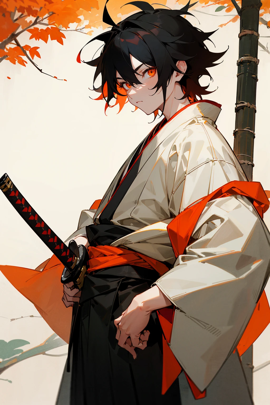 Forest Background, Masterpiece Quality, Perfect Generation, , Detailed Eyes, , Red And Black Short Messy Hair, White And Red Haori, Determined Expression,, , , Standing, Facing Viewer, Male, , Clothed, Kimono, Night, , , Sheathed Katana on hip, Standing In Forest, Orange eyes